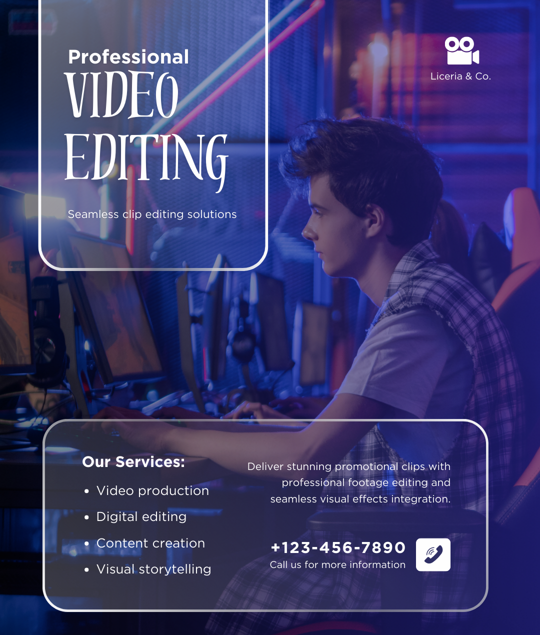 Blue and White Modern Video Editing Service Promotion Instagram Post